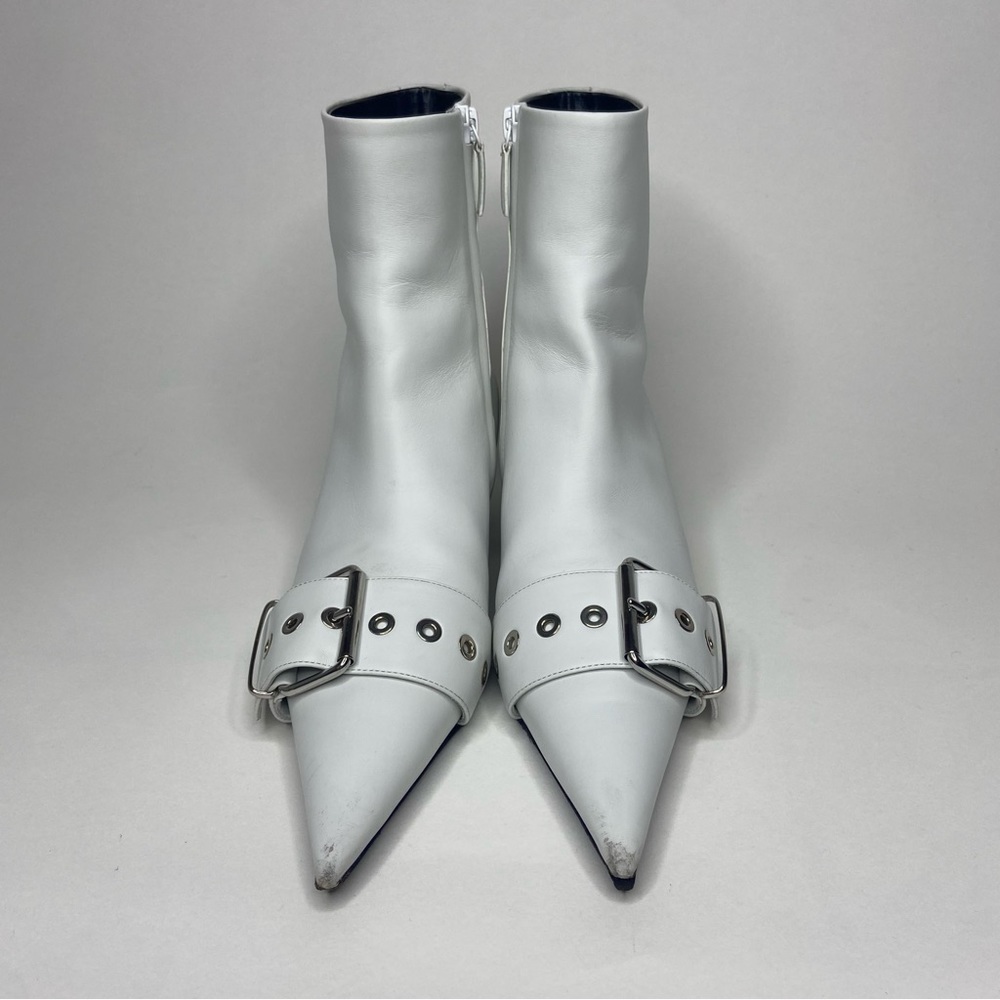 Balenciaga Knife White Leather Pin Heel Silver Belt Ankle Bootie Size EU 37.5